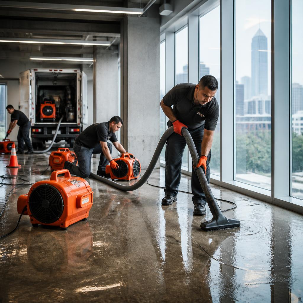 Restoration crew using commercial extraction equipment in a Houston office