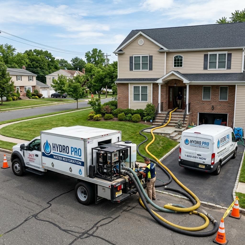 Truck-mounted water extraction equipment staged at a Houston home
