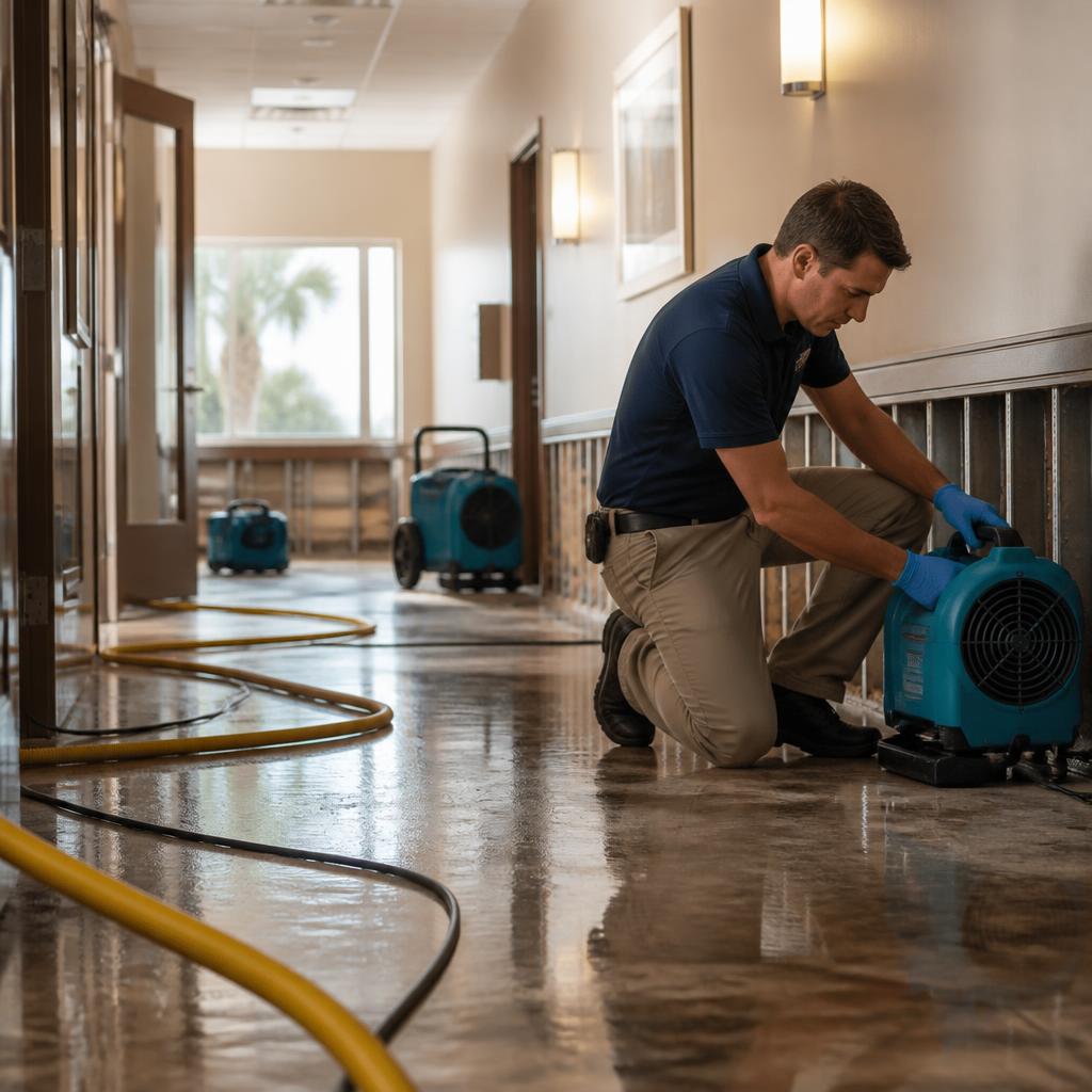 Restoration technician setting up contained drying equipment in a medical clinic