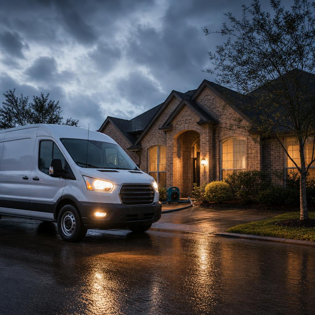 Emergency water damage restoration team responding to a flooded home in Houston
