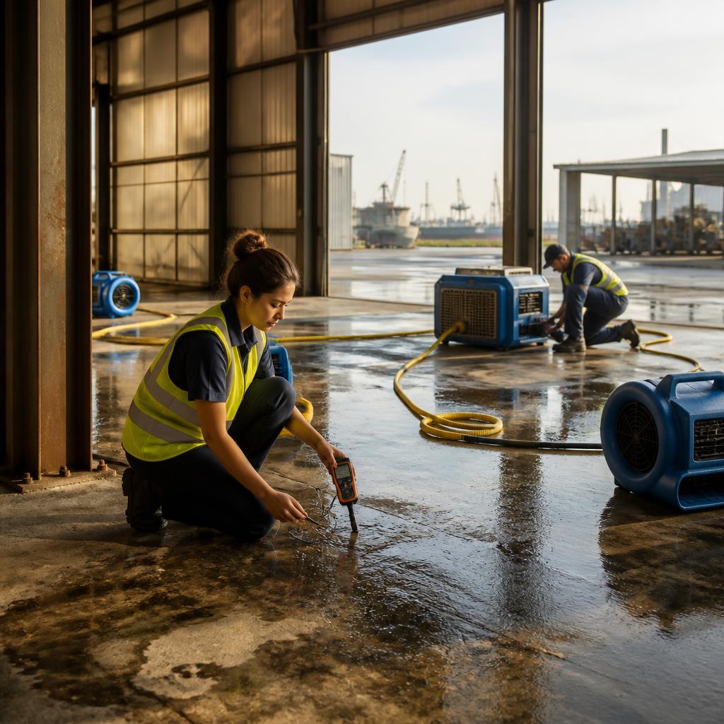 Restoration technicians inspecting moisture in a Houston industrial warehouse