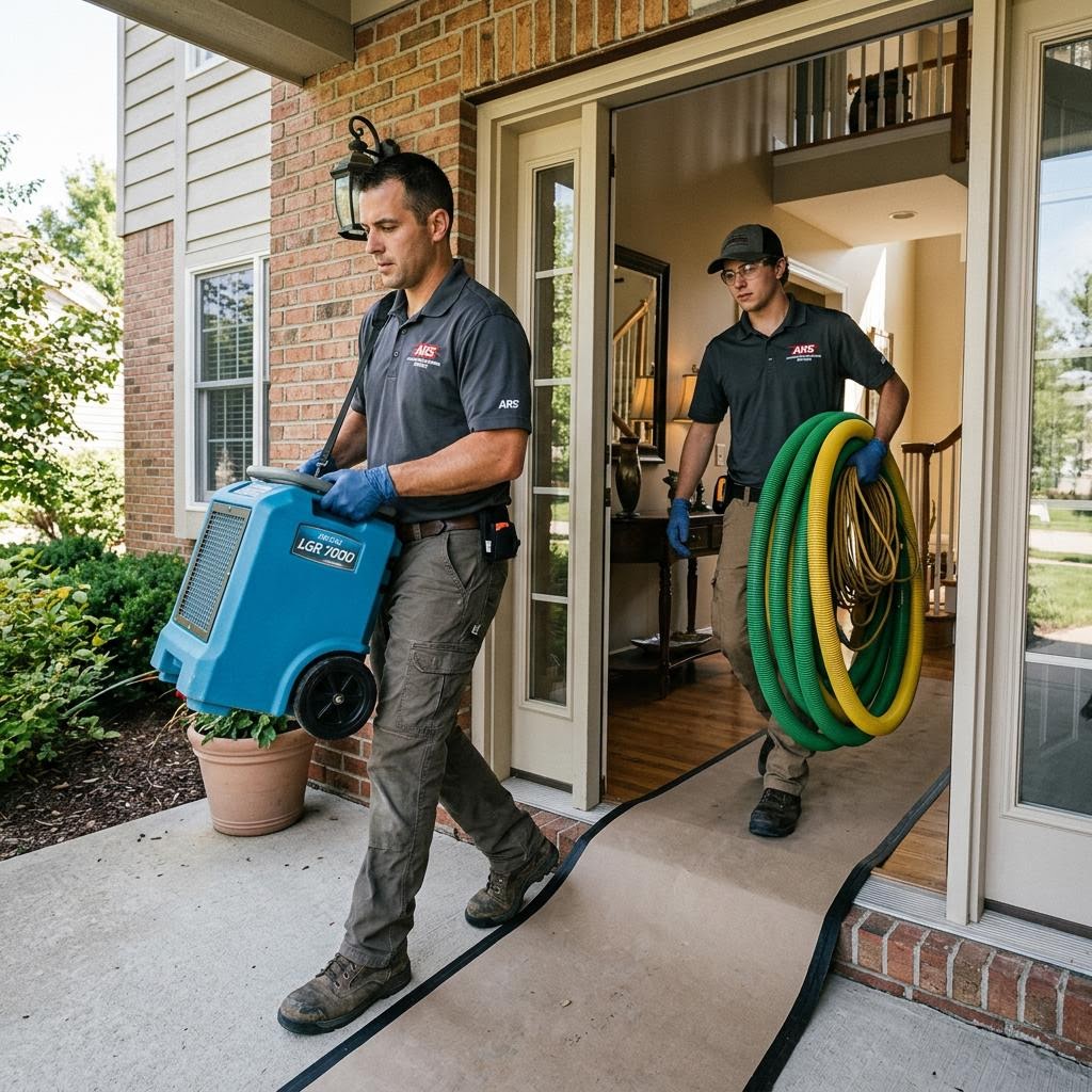 Restoration technicians carrying air movers and drying equipment into a home